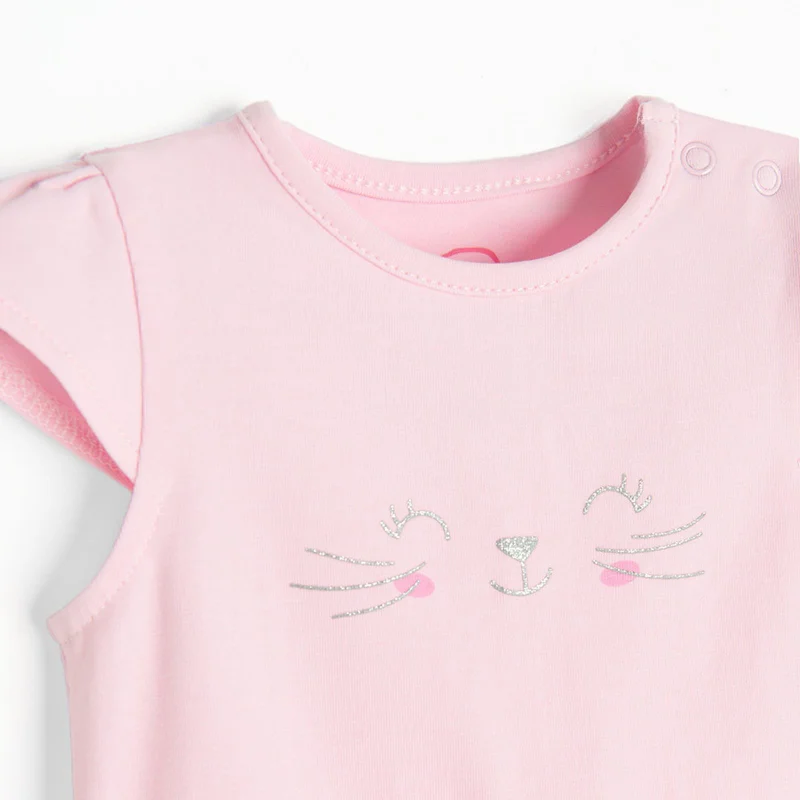 كول كلوب من سمييك قطن وردي فاتح بجسم بأكمام قصيرة